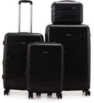 סט מזוודות קשיחות בלתי שבירות 20+26+30 אינץ' + תיק איפור מתנה דגם Wander מבית Swiss Voyager - צבע שחור