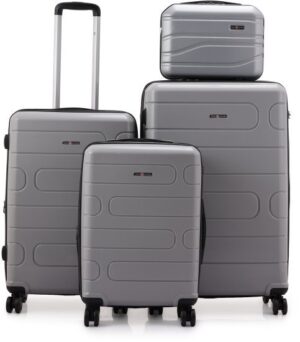 סט מזוודות קשיחות בלתי שבירות 20+26+30 אינץ' + תיק איפור מתנה דגם Wander מבית Swiss Voyager - צבע אפור