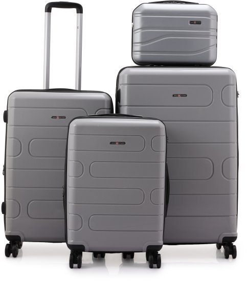 סט מזוודות קשיחות בלתי שבירות 20+26+30 אינץ' + תיק איפור מתנה דגם Wander מבית Swiss Voyager - צבע אפור