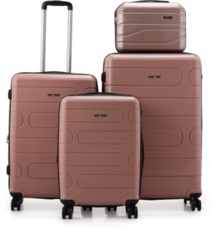 סט מזוודות קשיחות בלתי שבירות 20+26+30 אינץ' + תיק איפור מתנה דגם Wander מבית Swiss Voyager - צבע רוז גולד
