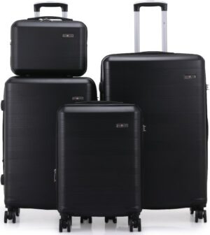 סט מזוודות קשיחות 20+24+28 אינץ' + תיק איפור מתנה דגם Madrid מבית Swiss Voyager - צבע שחור