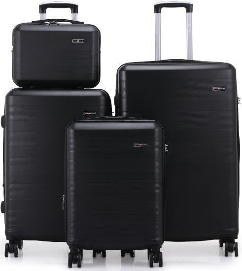 סט מזוודות קשיחות 20+24+28 אינץ' + תיק איפור מתנה דגם Madrid מבית Swiss Voyager - צבע שחור