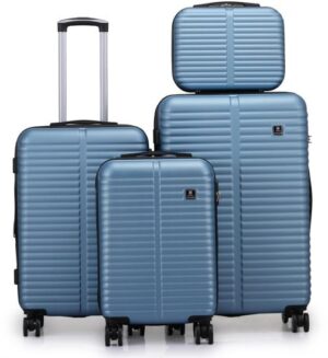 סט מזוודות קשיחות 20+24+28 אינץ' + תיק איפור מתנה דגם London מבית Swiss Voyager - צבע ג'ינס