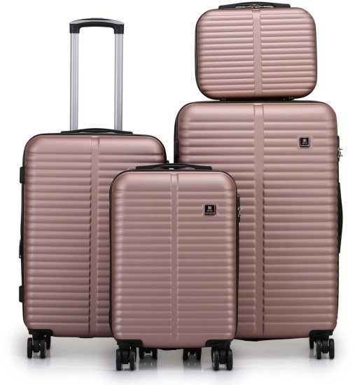 סט מזוודות קשיחות 20+24+28 אינץ' + תיק איפור מתנה דגם London מבית Swiss Voyager - צבע רוז גולד