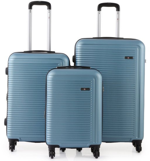 סט מזוודות קשיחות 20+24+28 אינץ' דגם Tustin מבית Swiss Voyager - צבע כחול ג'ינס