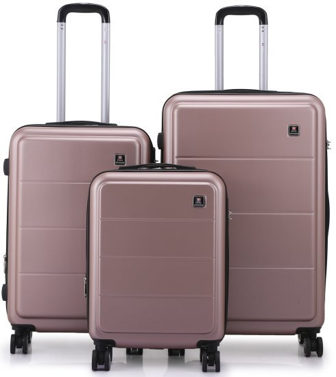 סט מזוודות קשיחות 20+24+28 אינץ' דגם Milano מבית Swiss Voyager - צבע רוז גולד