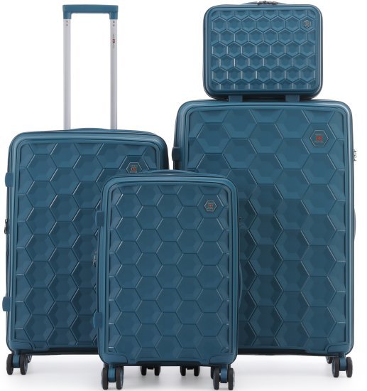 סט מזוודות קשיחות 20+24+28 אינץ' + תיק איפור מתנה דגם Porto מבית Swiss Royal - צבע כחול ג'ינס