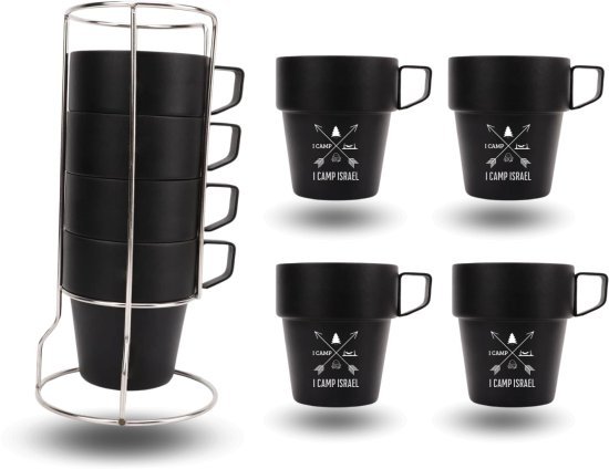 סט 4 ספלים נירוסטה 300 מ''ל + מעמד מבית I-CAMP - צבע שחור מט