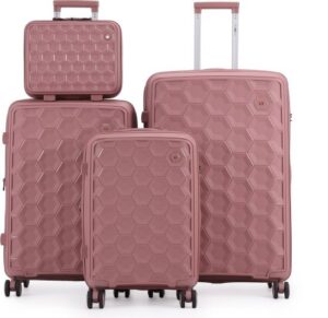 סט מזוודות קשיחות 20+24+28 אינץ' + תיק איפור מתנה דגם Porto מבית Swiss Royal - צבע רוז גולד