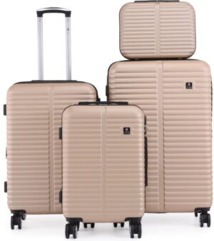 סט מזוודות קשיחות 20+24+28 אינץ' + תיק איפור מתנה דגם London מבית Swiss Voyager - צבע שמפניה