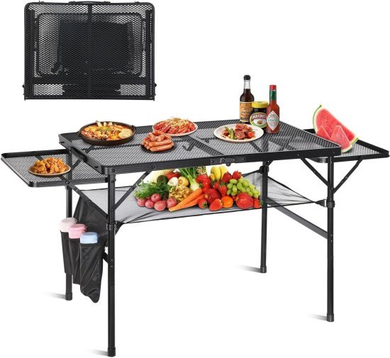 שולחן קמפינג מתקפל עם מגשים 90 ס''מ דגם Fenix מבית I-CAMP - צבע שחור