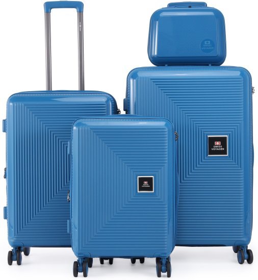 סט מזוודות קשיחות בלתי שבירות 20+26+30 אינץ' + תיק איפור מתנה דגם Neo Boston מבית Swiss Voyager - צבע כחול
