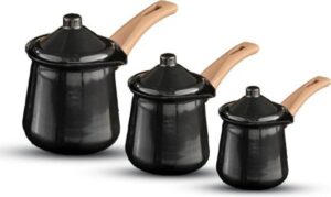 מארז 3 פינג'אנים + מכסה אמייל עם שפת מזיגה 0.5/0.7 / 1.2 ליטר סדרת Coffee Collection מבית Food Appeal - צבע שחור